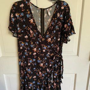 Black Flora Faux Wrap Dress